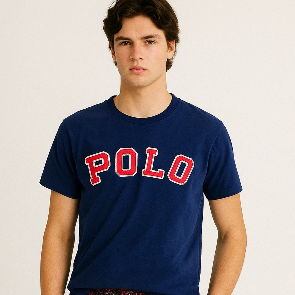 Polo by Ralph Lauren Men's Blue Tee with Red raised 3D Logo men’s size medium‎